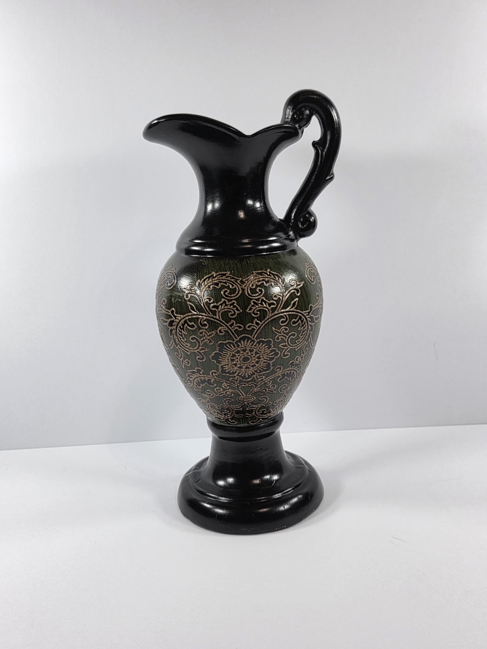 Vintage Black And Green Ewer Pitcher Embossed Floral Design With Handle Ceramic